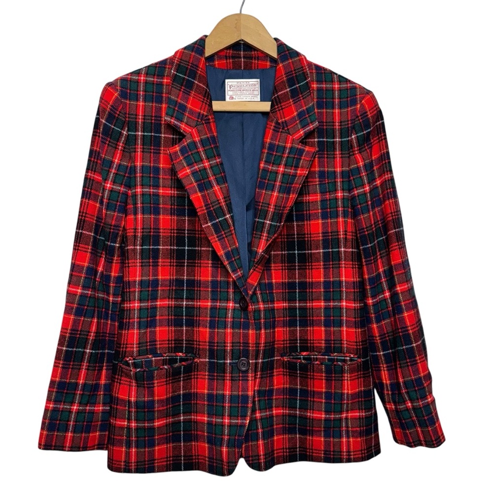 vintage Pendleton red, green, & navy blue plaid virgin wool blazer Sz Petite 10
